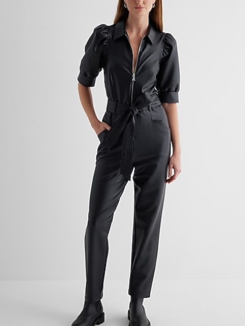 Express NWT Black Faux Leather Zip-Front jumpsuit Puff Sleeves tie waist belt